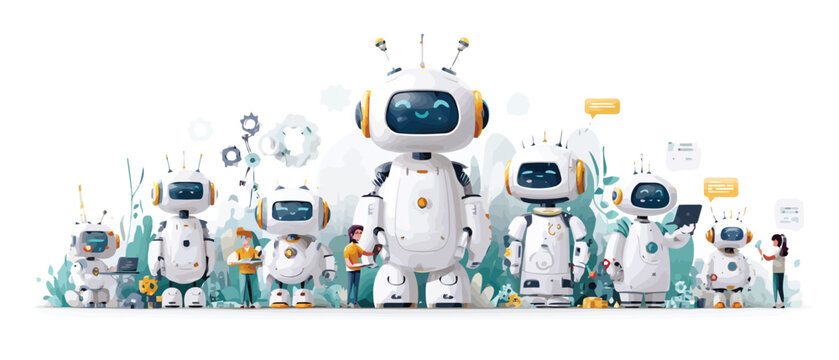 Futuristic robot characters set, friendly white android collection with orange accents, cute artificial intelligence bots for tech support and automation