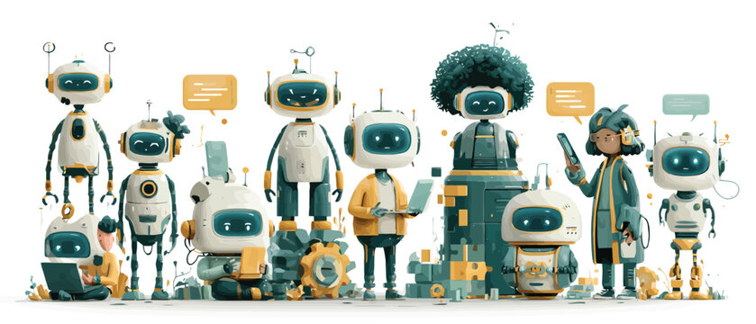Futuristic AI robot character set, cute android mascot collection in flat vector style, friendly artificial intelligence bots for tech support and chat