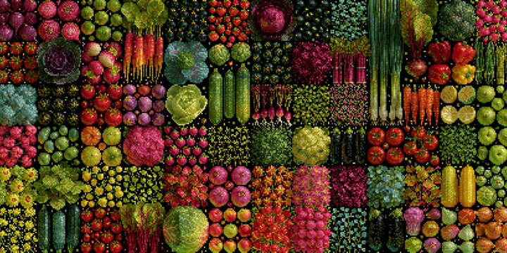 Assorted fruits and vegetables in a colorful pixelated pattern arrangement produce garden-fresh organic pixel-art digital-art