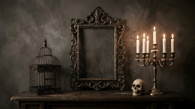 Antique still life ornate frame skull birdcage and lit candelabra
