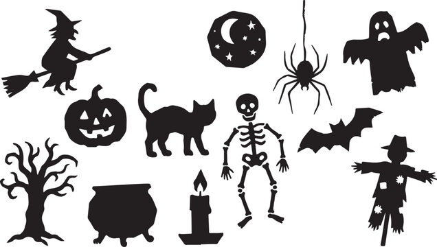 Set of halloween black silhouettes including a witch, spider, ghost, cat, pumpkin, skeleton, tree, cauldron, candle, and scarecrow on white