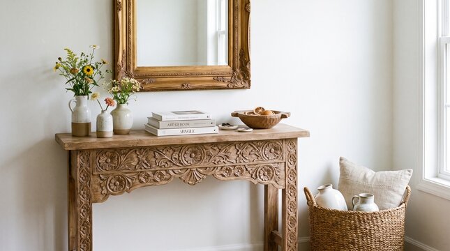 Carved wooden console table with matching mirror, ceramic vases, books, and woven basket, symbolizing craftsmanship, harmony, and natural interior elegance.