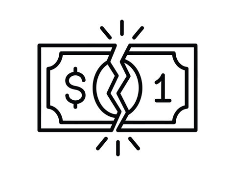 Dollar bill split in half with radiating lines during financial crisis isolated on white background