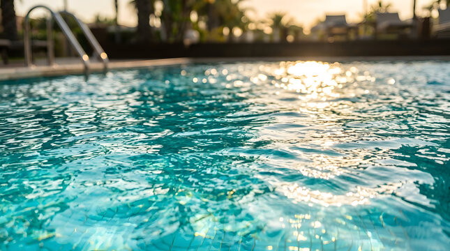 Sparkling blue resort pool water with golden sun reflections and metal ladder