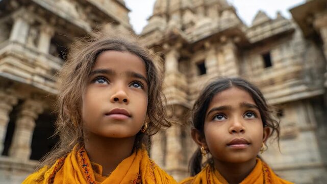 Two girls wearing orange shawls look up at the ancient temple in India during the daytime