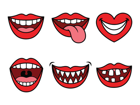 Collection of expressive mouth and lip silhouettes during various emotions isolated on white background