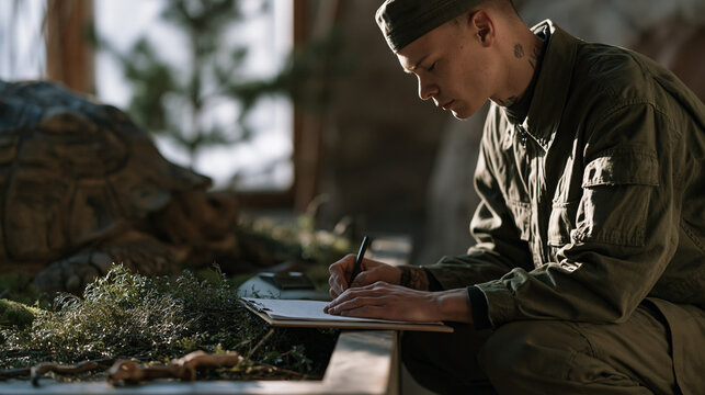 A zoo keeper in olive green uniform crouches beside a low feeding trough, carefully weighing produce portions for a large tortoise while making notes on a clipboard, enclosure