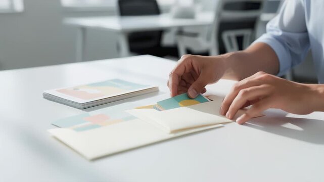 Closeup on employee assembling student plan materials inserting colorful cards and informative booklets into envelopes with a softly blurred office setting behind.