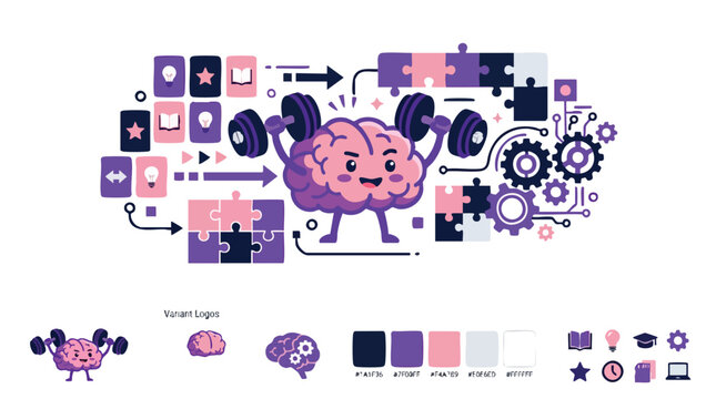 Brain Character Lifting Weights Vector Illustration Brand Board