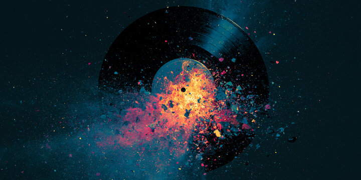 Exploding Vinyl Record With Colorful Fragmentation Dramatic Digital Illustration player music audio sound shattering breaking