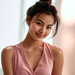 Fototapeta premium east asian woman with glowing skin in pink dress, radiant east asian beauty with natural makeup, smiling east asian woman in soft sunlight