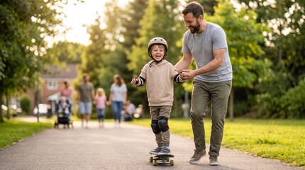 Fototapeta premium Father Teaching Son How to Ride a Skateboard