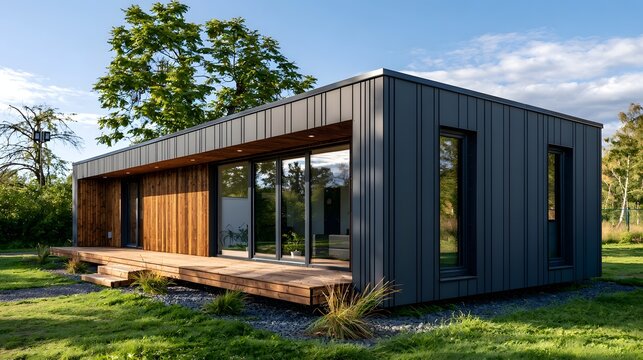 Modern minimalist house with dark metal siding and wooden deck set against green grass and trees under clear blue sky