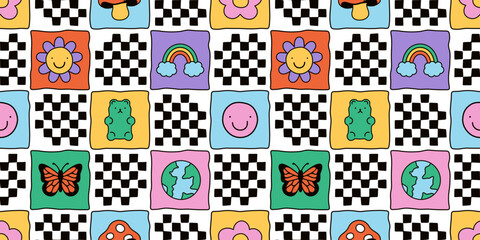 Fototapeta na wymiar Fun retro cartoon sticker mosaic seamless pattern. Patchwork doodle icon background with flower, happy face and butterfly. Colorful vintage art label wallpaper, checkered print. 