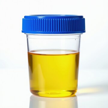 Plastic container with urine sample for medical testing stands on white surface. Clear jar holds yellow liquid for laboratory examination clinical diagnosis. Sterile cup used in hospital check up to