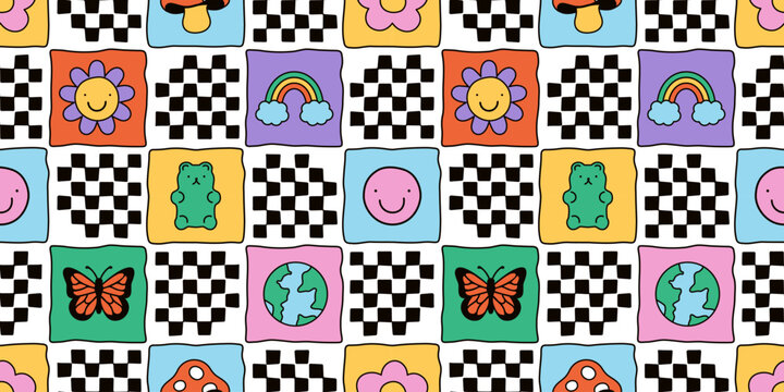 Fun retro cartoon sticker mosaic seamless pattern. Patchwork doodle icon background with flower, happy face and butterfly. Colorful vintage art label wallpaper, checkered print. 