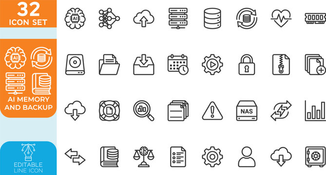 AI Memory and Backup line editable Vector illustration icon set. Brain Chip, Cloud Storage, and Atomic Database, data security, AI network, and processor fusion concepts. on transparent background.