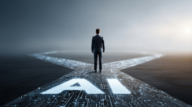 Businessman standing at crossroads, choosing future path between traditional business strategy and artificial intelligence evolution