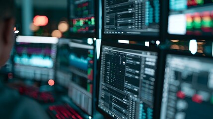 Fototapeta premium Person monitoring multiple digital screens displaying complex data visualizations and control interfaces in a dimly lit technical environment