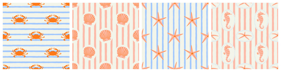 Tropical beach sea shell seamless pattern set. Summer marine animal background design collection. Vacation travel concept. Ocean seashell flat cartoon backdrop illustration. © Dedraw Studio