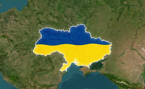 Ukraine Border Outline Satellite Map with Ukrainian Flag Overlay