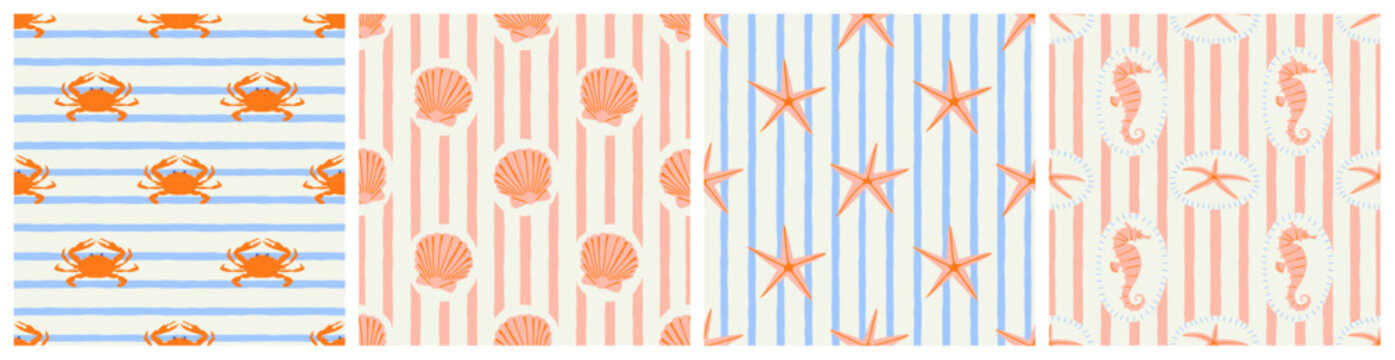 Tropical beach sea shell seamless pattern set. Summer marine animal background design collection. Vacation travel concept. Ocean seashell flat cartoon backdrop illustration.