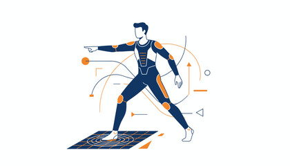 Fototapeta premium Athlete in high tech gear pointing ahead on a digital grid surface in a modern flat vector illustration.