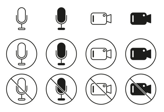 Microphone and camera icon collection featuring voice recording, mute, video call, and webcam control symbols. Signs for conferencing, streaming, and communication apps. Vector.