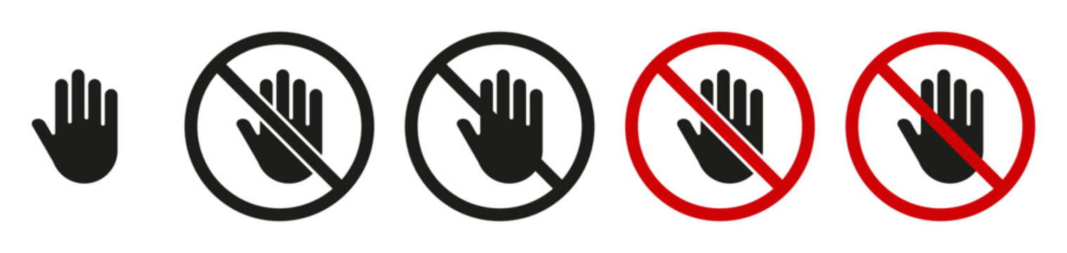 Keep out sign set. Prohibited access, restricted area, no entry, warning hand, safety, security, danger, and stop sign collection.