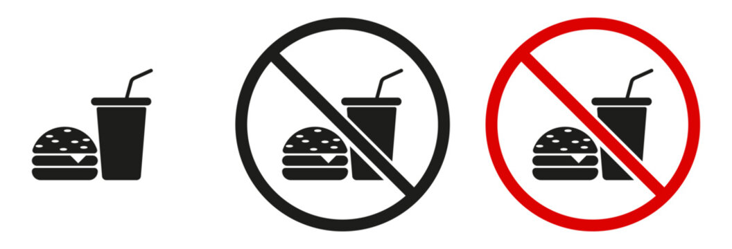 No food or drink sign set. Food and beverage prohibition, no eating, and no drinking symbols representing workplace safety, hygiene regulations, public facilities, clean areas, and access control.