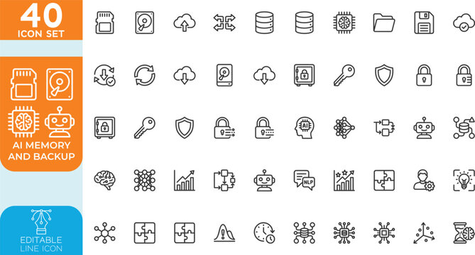 AI Memory and Backup line editable Vector illustration icon set. Brain Chip, Cloud Storage, and Atomic Database, data security, AI network, and processor fusion concepts. on transparent background.