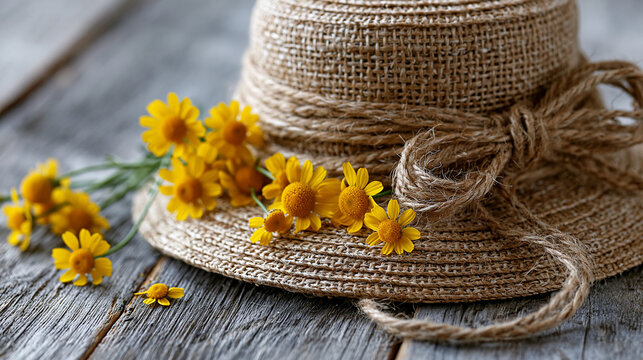 Rustic straw hat with rope bow and yellow flowers, symbolizing summer leisure on weathered wood