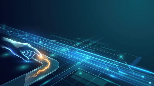 Human Hand Guiding an Amber Transaction Anomaly Through a Secondary Digital Path with Blue Data Flow and Corporate Technology Copy Space