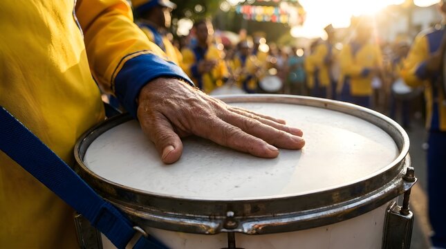 Close up of a musician wearing a bright yellow uniform playing a large white marching drum during a public parade
