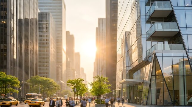 Tall glass skyscrapers line a busy city street with warm golden sunlight glowing brightly between the modern office building structures