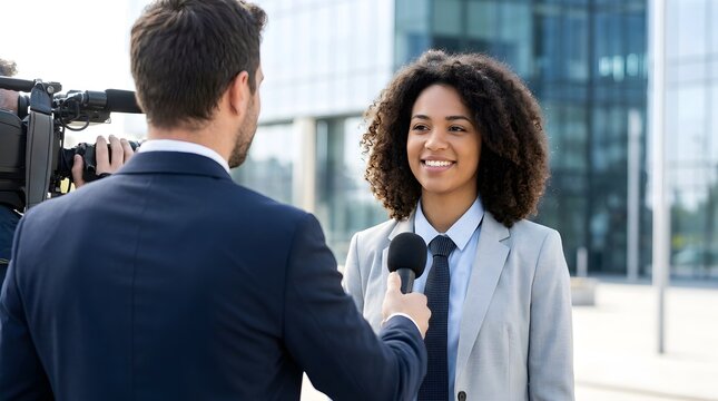 Professional female journalist interviewing a smiling businesswoman in a formal grey suit outside a large modern glass corporate office building