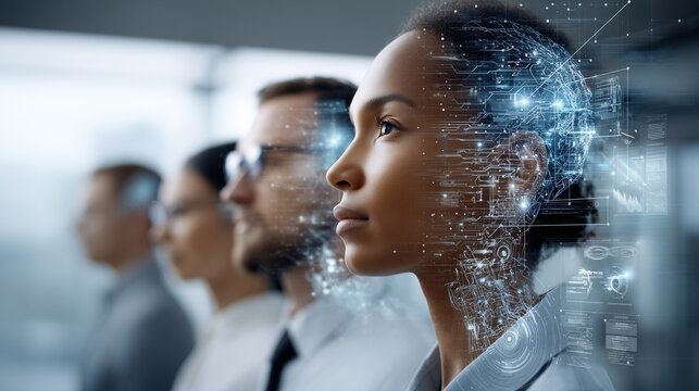 Future workforce woman displaying artificial intelligence circuit board data forming next generation human-computer integration