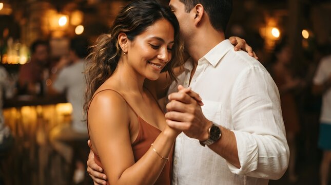 Attractive young couple dancing closely together in a dimly lit bar while wearing stylish summer clothing during a romantic night