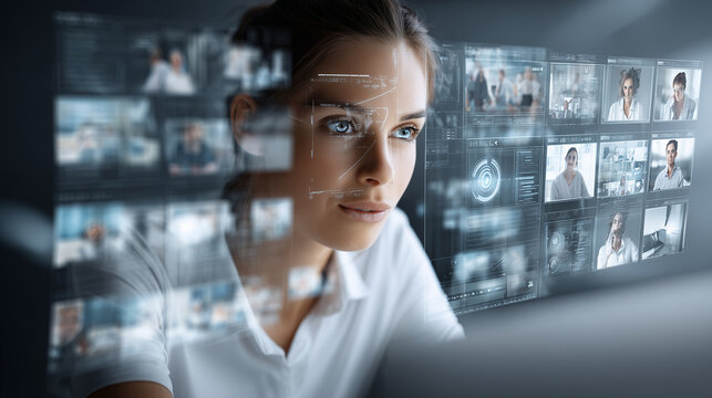 Young woman working with multiple AI copilots and virtual screens, managing data and engaging in remote communication