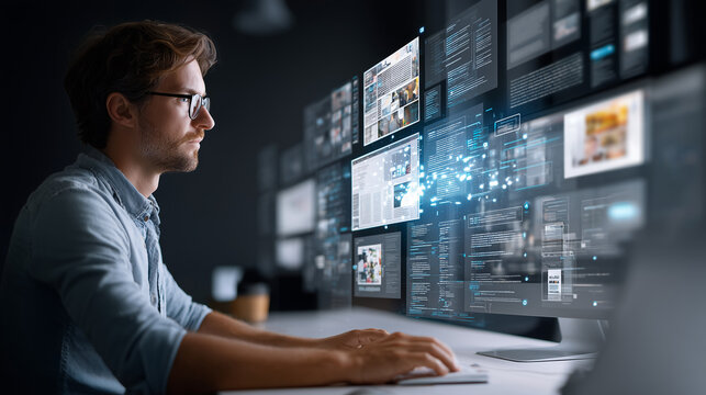Young man interacting with multiple AI copilots and data screens, optimizing work efficiency using futuristic technology