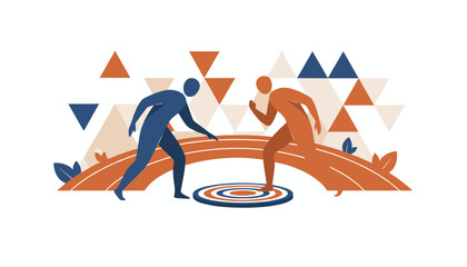 Fototapeta premium Two athletic figures engage with a circular target on a track against abstract triangular shapes in minimalist style.