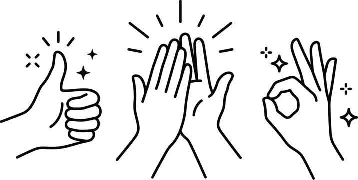 Line drawing of hands giving thumbs up high five and ok hand signs with sparkles