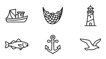 Fototapeta premium 6 Nautical Icons: Boat, Net, Lighthouse, Fish, Anchor, Seagull, outline solid styles, UI and web interface design