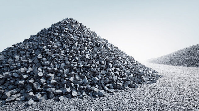 Huge pile of crushed dark grey stones in open air quarry. Massive gravel mound at construction site or mining industrial facility against clear sky