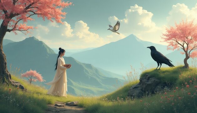 Woman in traditional light dress stands on green hill holding small bowl. Pink cherry trees bloom near mountain scenery. Flying bird, large crow stay in nature landscape. Peaceful art scene shows