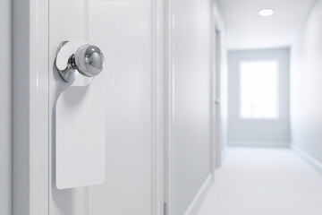 Naklejka premium Blank white door hanger mockup on a round chrome doorknob of a white hotel door