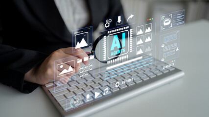 Business professional interacts with digital interface showcasing artificial intelligence agents...
