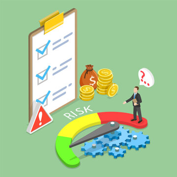 3D Isometric Flat Vector Illustration of Risk Investment Management, Analyst with Checklist and Caution Signs Solving Business Problems