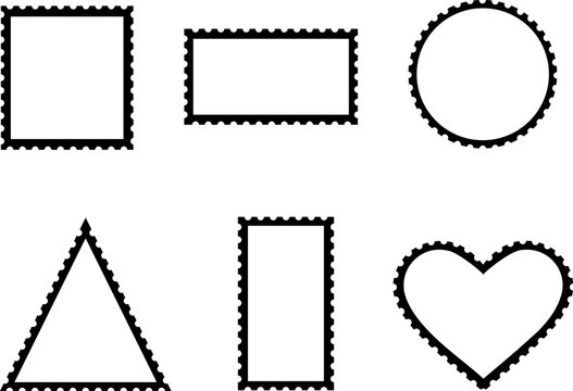 Collection of empty postage stamp frame templates in various geometric shapes