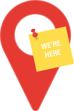 Red map pin with yellow sticky note saying We're Here. Flat vector illustration